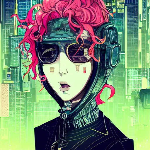 Image similar to zoom - out, a grungy cyberpunk anime, very cute, by super ss, cyberpunk fashion, curly pink hair, night sky by wlop, james jean, victo ngai, highly detailed