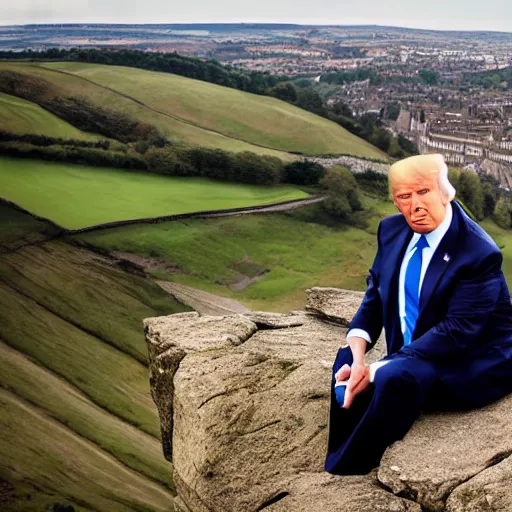 Image similar to donald trump sitting on almscliff crag in leeds england 8k highly detailed photograph, award winning, beautiful lighting, daytime view