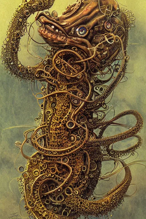 Prompt: steampunk axolotl tentacle fish, masterpiece, intricate, elegant, highly detailed, digital painting, smooth, sharp focus, illustration, art by james gurney, graeme base, brian froud, alan lee