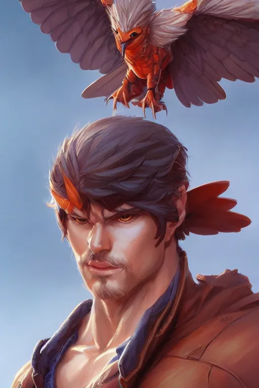 Image similar to character art by wlop, steve henderson, and j scott campbell, gooseman, male hero, goose head, wings, 4 k, arstation, trending, high quality, very detailed, digital