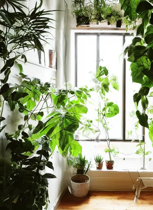 Image similar to a photo of a cosy warm room, warm light, houseplants, vines