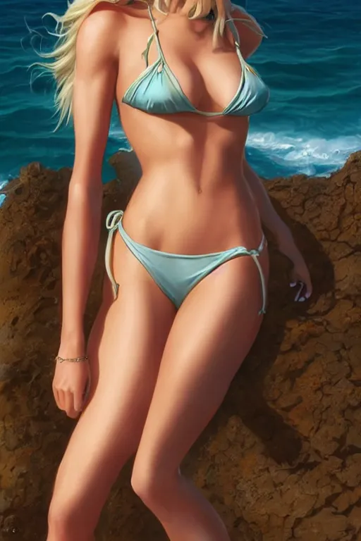 Image similar to the most beautiful woman with blonde flowing hear posing with a beautiful bikini on the beach, amazing detail, full body shot, realistic face, fantasy art by greg rutkowski and artgerm