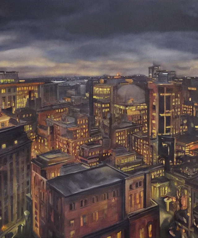 Image similar to horrifying full color photorealistic painting of a 1 9 2 5 hotel terrace overlooking a distored view of downtown boston with a cosmic sky, dark, atmospheric, brooding, smooth, finely detailed, cinematic, epic, in the style of lee gibbons