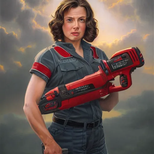 Prompt: epic portrait a slightly muscular woman wearing short sleeved uniform and carrying a red power tool drill, detailed, centered, digital painting, artstation, concept art, donato giancola, Joseph Christian Leyendecker, WLOP, Boris Vallejo, Breathtaking, 8k resolution, extremely detailed, beautiful, establishing shot, artistic, hyperrealistic, beautiful face, octane render