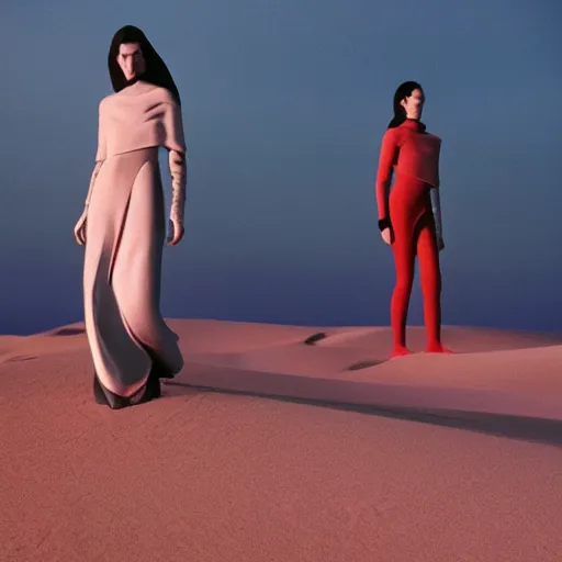 Image similar to fashion editorial photography of a Balenciaga model in Denis Villenue's DUNE, cinematography by roger deakins, Paul thomas Anderson