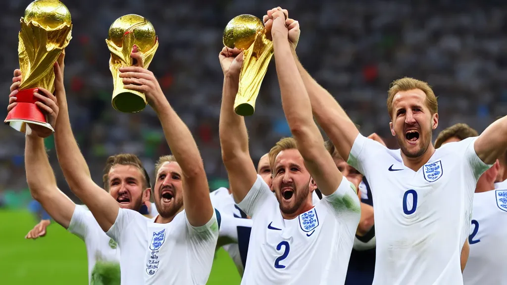 Prompt: Harry Kane wins the World Cup for England and lifts the Jules Rimet trophy. Harry Kane wears a white England football shirt with three lions on the badge