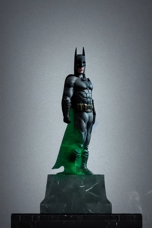 Prompt: batman carved from translucent jade,, the dark knight, frank miller, dynamic pose standing on a marble pedestal, intricate details, intricate textures, warm lighting, vivid colors, smoke and mist, realistic octane render, hyper realistic render, volumetric shading, depth of field, raytracing, 8 k,