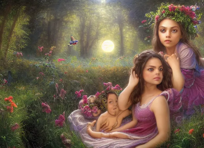 Image similar to Mila Kunis staring into the camera singing a lullaby, fireflies, full moon, Lilia Alvarado, Sophie Anderson, Mark Arian, Bob Byerley, Charlie Bowater, Mark Brooks, Steve Henderson, Justin Gerard, Arthur Hughes, Edward Robert Hughes, Mark Keathley, Victor Nizovtsev, Carlos Shwabe, Ross Tran, WLOP