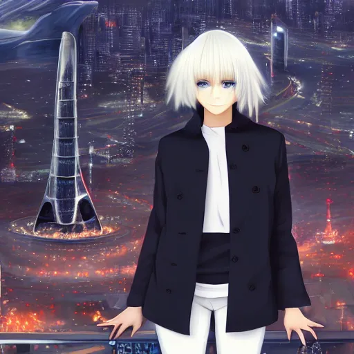 Image similar to platinum - blonde - haired long bob cut blue - eyed princess wearing white leggings and black jacket, standing next to communist monument, futuristic city, anime, hd anime wallpaper, hyperrealistic lighting, octane render, volumetric lighting, drawn by artgerm