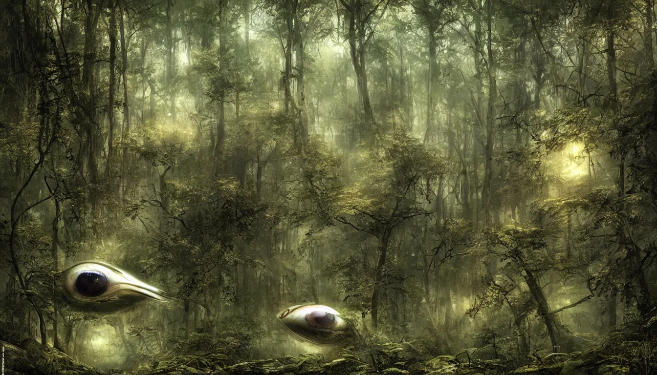 Prompt: a big eye floats above the ground in a dense forest, illustration by john taylor dismukes and dave lafleur, luis royo, smooth shading, ultra detailed, high resolution, cinematic, chrome art, rich deep colors, unreal 6