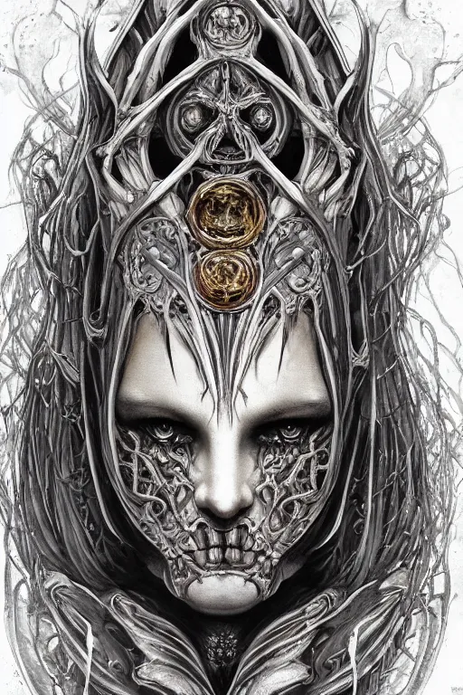 Prompt: Elden Ring and Doom themed painting of majestic chromatic biomechanical anatomical elven female hybrid beautiful ethereal angel symmetrical neutral mask closeup face tattoo pattern golden ratio concept, Neo-Gothic concept, infinity glyph waves, intricate artwork masterpiece, very coherent artwork, cinematic, full frontal facial features by Artgerm, art by H.R. Giger, Joseph Michael Linsner, Zdizslaw Beksinski, Johnatan Wayshak, Moebius, Ayami Kojima, very anatomically coherent artwork, trending on cgsociety, ultra high quality model, production quality cinema model, high detail chromatic ink outline, octane render, unreal engine 8k, hyper realism, high detail, octane render, unreal engine, 8k, High contrast