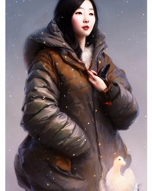 Prompt: a beautiful chinese woman in down jacket ， a goose ， winer ， wenjun lin intricate, elegant, highly detailed, digital painting, artstation, concept art, matte, sharp focus, illustration, hearthstone, art by artgerm and greg rutkowski and alphonse mucha