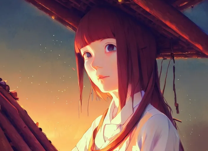 Image similar to portrait of a woman building a log cabin, illustration concept art anime key visual, very trippy and abstract, trending pixiv fanbox by wlop and greg rutkowski and makoto shinkai and studio ghibli and kyoto animation