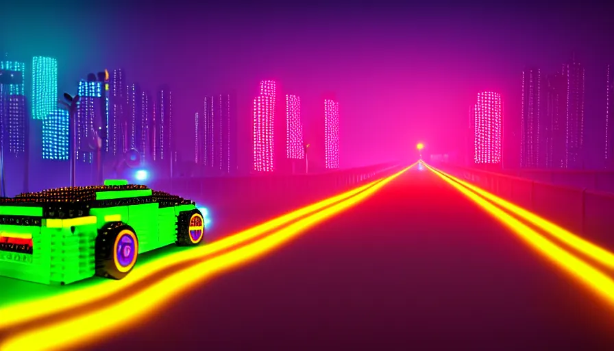 Prompt: luminescent lego car driving on a neon road into the distance with glowing cyberpunk signs leaving long glowing trails, top rear view, dark magical forest, synthwave, octane render, purple fog, futuristic, sunset, purple rays, reflective mirror puddles, beautiful lighting, ultra realistic, highly detailed, 8 k