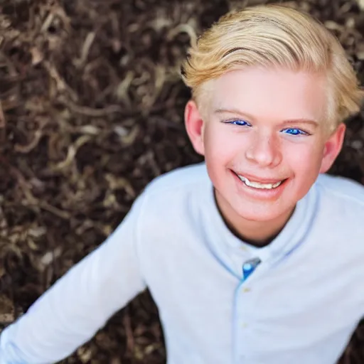 Image similar to a beautiful 1 1 yo boy from florida, blond, joyfully smiling at the camera, blue eyes. healthy