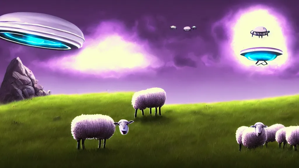 Image similar to sheep in a field being abducted by a ufo!, horror cartoon, hyper energy, punk aesthetic, highly detailed, digital painting, artstation, concept art, sharp focus, illustration,