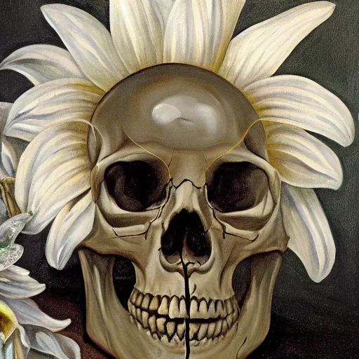 Prompt: a painting of a human skull with diamonds for eyes nestled on a bed of white lilies, dark shadowy background, in the style of a still life oil painting, gothic