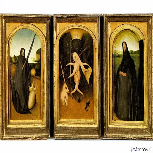 Image similar to The Haywain Triptych is a panel painting by Hieronymus Bosch