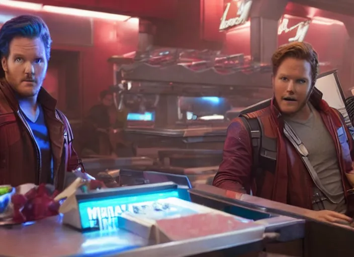 Image similar to film still of Star Lord working at McDonald's in the new Guardians of the Galaxy movie, 4k