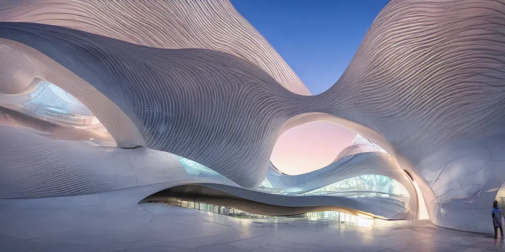 Image similar to extremely detailed awe stunning beautiful futuristic smooth curvilinear museum exterior, translucent gills, zaha hadid, stunning volumetric light, stainless steel, concrete, translucent material, beautiful sunset, hyper real, 8k, colorful, 3D cinematic volumetric light, atmospheric light