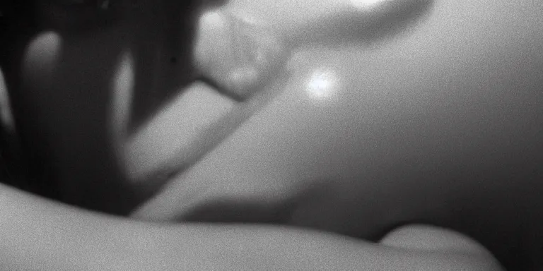 Image similar to photorealistic close up shot cinematography of a beautiful woman putting on stockings acting in a twilight zone episode shot on film at magic hour with the sun shining into a large 6 0's hotel lobby room filled with volumetric haze by the shining cinematographer john alcott on a cooke panchro 6 5 mm macro lens.