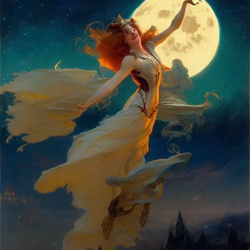 Image similar to attractive witch magically flying trough the night, fantasy, full moon in background. highly detailed painting by gaston bussiere, craig mullins, j. c. leyendecker 8 k