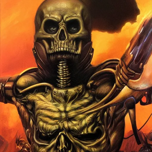 Image similar to ultra realistic portrait painting of skeletor as the terminator, art by frank frazetta, 4 k, ultra realistic, highly detailed, epic lighting