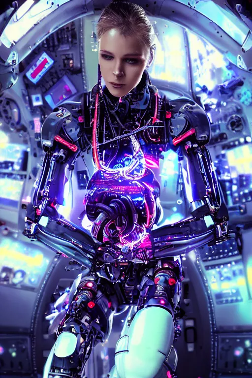 Prompt: dark aeronautical theme : a full female body of mechanical beautiful girl robot fighter pilot is piloting while all her parts are connected by luminous intricate organic and colorful electric cables and wires and fibers to the jet cockpit with dials and lights and gauges and radar, experiencing the quantum field cinematic highly detailed realistic beautiful cosmic neural network octane render unreal