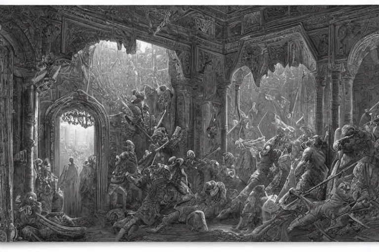 Image similar to highly detailed big open book, open book page, don quixote leave the book, symmetrical, masterpiece, by gene wolfe, highly detailed painting by gustave dore