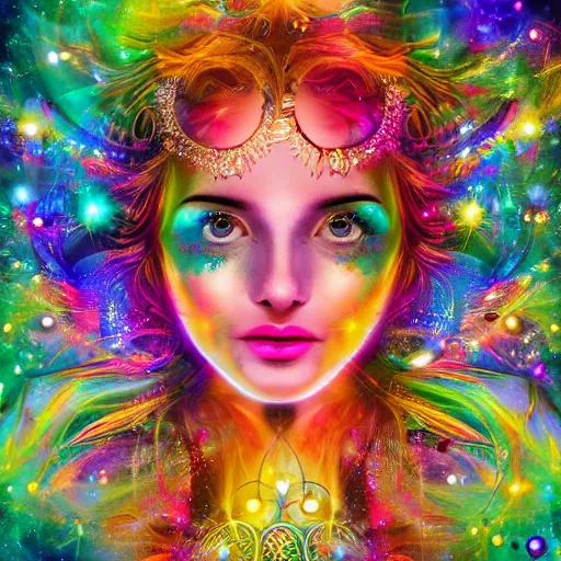 Image similar to Detailed Complex Colorful Magical Enchanted portrait of a Delicate Beautiful Celestial Creature of Light, Attractive, Beautiful, Seductive, Innocent, Pure, 4k, photorealistic