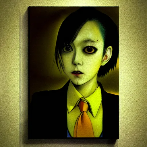 Image similar to yoshitaka amano blurred and dreamy realistic three quarter angle horror portrait of a sinister young woman with short hair and yellow eyes wearing office suit with tie, junji ito abstract patterns in the background, satoshi kon anime, noisy film grain effect, highly detailed, renaissance oil painting, weird portrait angle, blurred lost edges