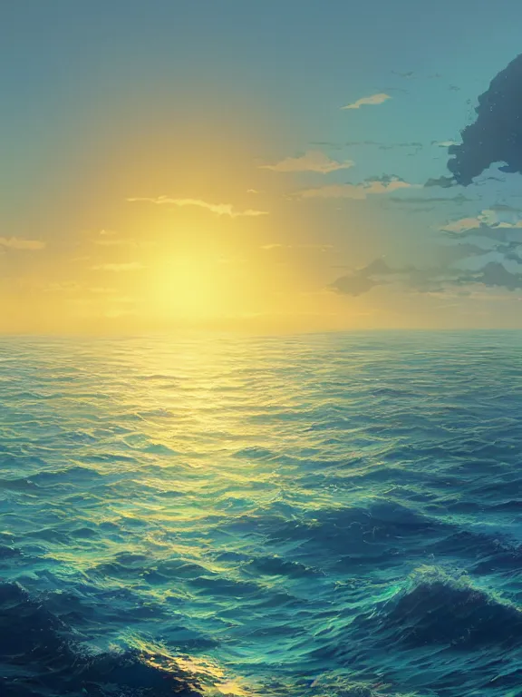 Image similar to a beautiful illustration of the ocean at sunrise by Makoto Shinkai