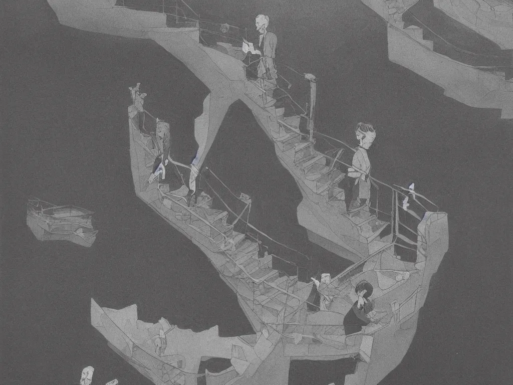 Image similar to lithograph printed in 1976. It depicts a man in a art gallery viewing a print of a seascape. The man's reflection is seen in the print, and the reflection shows the man walking down a staircase. The staircases in the print appear to be infinite, By M. C. Escher, colorized by Hayao Miyazaki