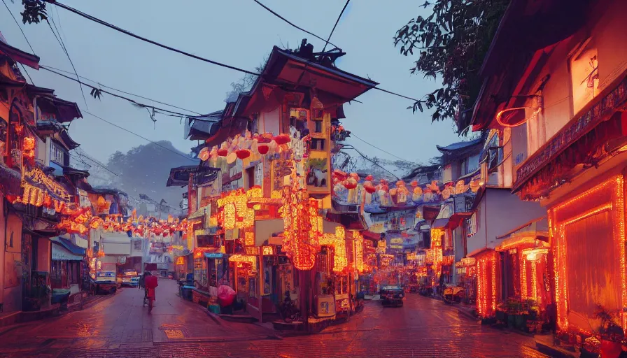 Prompt: a Wes Anderson 35mm film still of a very surreal magic small mountain town, like Jiufen, golden hour, falling cherry blossom pedals, in the style of Gucci, glowing warm lights and floating lanterns, foggy atmosphere, rainy, moody, muted colors, magic details, very detailed, 8k, cinematic look, octane render, psychedelic,