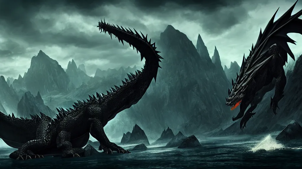 Prompt: Ancalagon the black, the biggest dragon that ever lived, over towering the huge mountains of Thangorodrim, landscape wide shot, epic, cinematic lighting, Unreal Engine 5, film key art, Bloom, dramatic lighting, cg artist