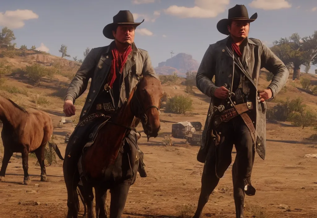 Image similar to elon musk in the red dead redemption 2, elon musk in the video game red dead redemption 2, gameplay screenshot, close up, 3 d rendering. unreal engine. amazing likeness. very detailed.