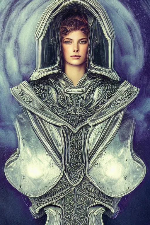 Prompt: beautiful portrait of a woman in plate armor with symmetrical features and solemn expression, intricate detail, elaborate, regal, royal relief, swirling clouds, glowing particles, etched relief, radiant vibrant colors