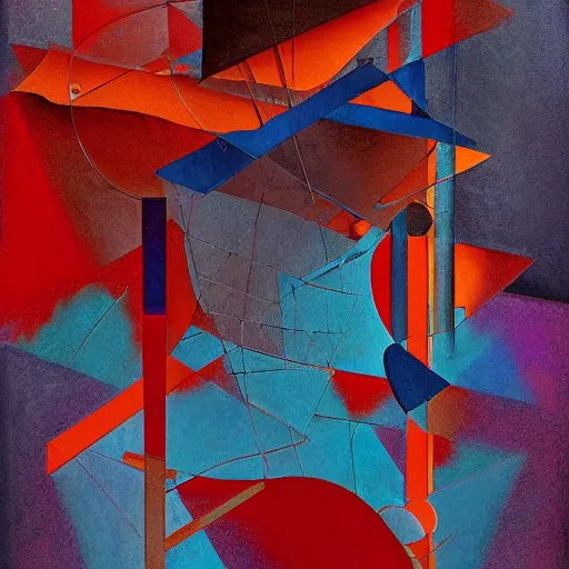 Prompt: the brittle. digital painting, vertical, intricate, beautiful, detailed, grunge, illustration, abstract art by georgia o'keeffe and el lissitzky and malevich, trending on artstation. blue, dark red and dark purple color scheme, gradient darker to bottom