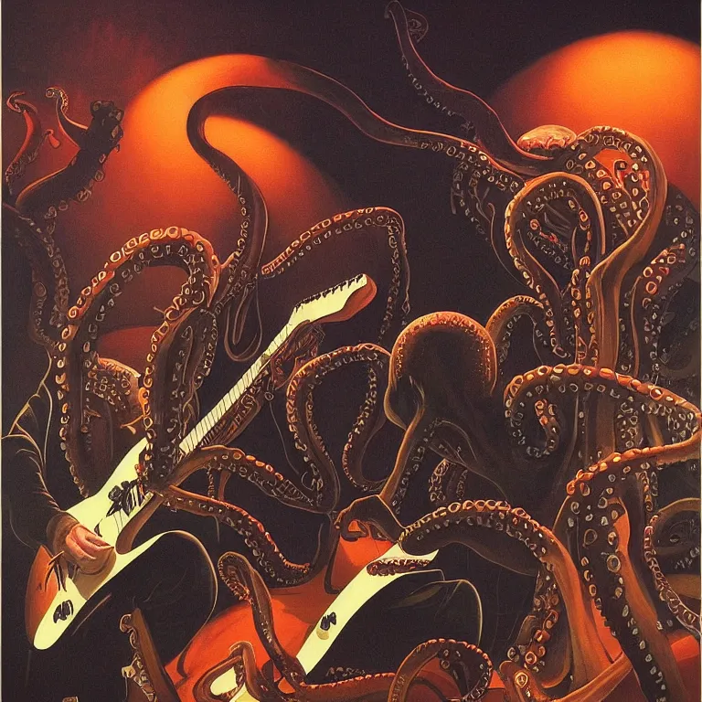 Image similar to a beautiful painting by gerald brom of a couple of octopus playing drums and telecaster guitar in an electronic concert, black background, concert light, dark mood, warm lights