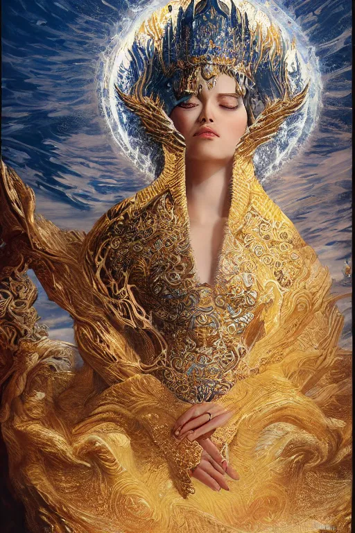 Image similar to ultradetailed painting of a beautiful empress on a throne made of waves and ice with a single grand white and gold tiger guardian by Karol Bak, volumetric lighting, tarot card