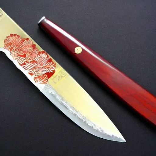 Prompt: Japanese knife, Japanese knife design, fancy Japanese knife carving, Japanese themes, knife etching
