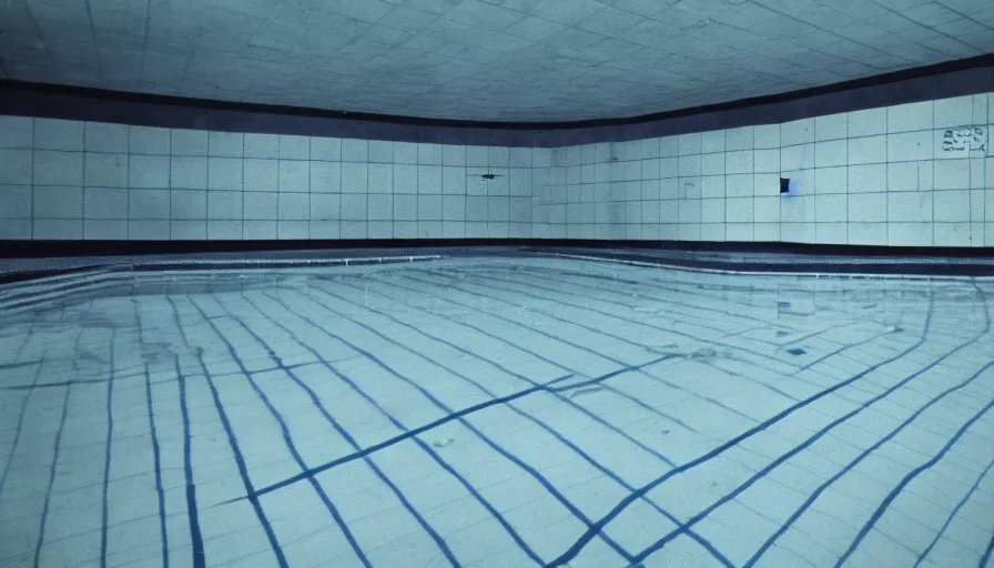 Image similar to 1 9 6 0 s movie still of an empty blue and yellow tiles municipal swimmingpool, security cam night vision footage, liminal space style