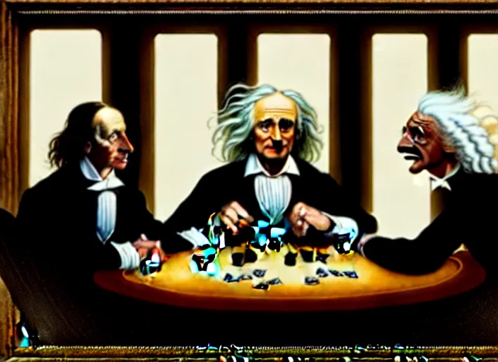 Image similar to isaac newton and stephen hawkins and albert einstein playing poker in an old west saloon, intricate, highly detailed, centered, digital painting, artstation, concept art, smooth, sharp focus, illustration, art by james gurney and norman rockwell and greg rutkowski