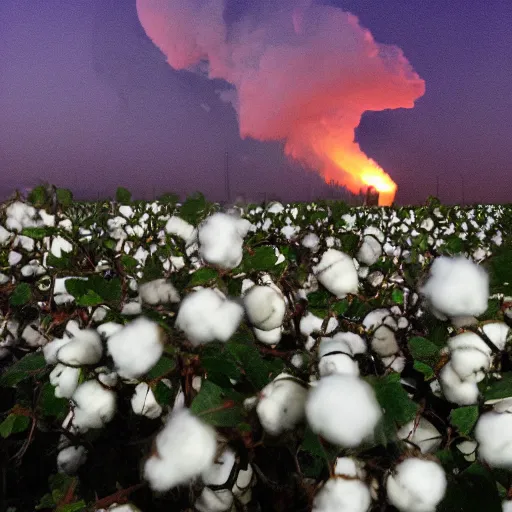 Prompt: a huge exploding cotton plant, night