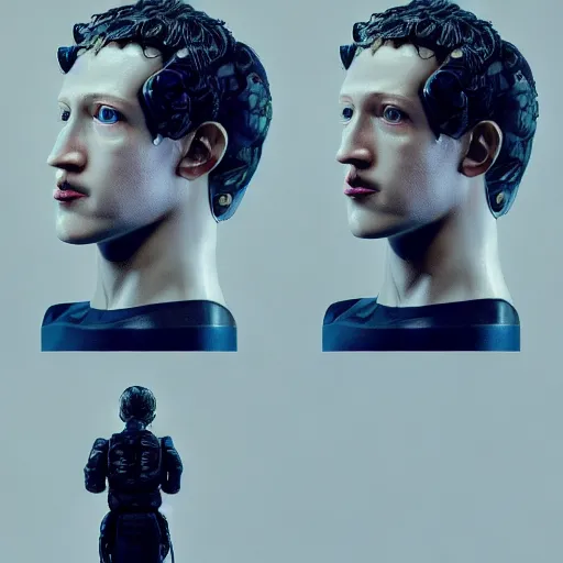 Prompt: cyborg mark zuckerberg, bust portrait, anime, outfit - of - the - day, instagram, street photography, fashion model, fashion model, ootd, flcl cover, yoji shinkawa greg rutkowski craig mullins noah bradley mark arian wlop, selfie, ilya kuvshinov, trending on artstation, very very beautiful, symmetrical, vignette