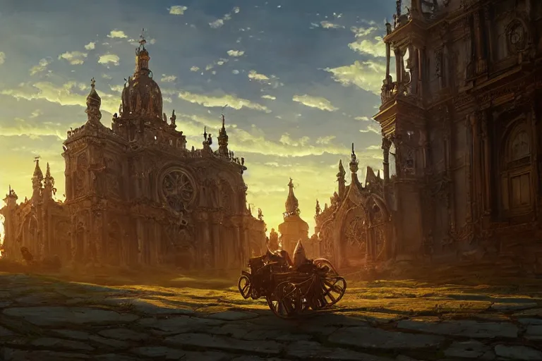 Image similar to an ornate baroque church with chain wheels, mortal engines, scene in an open field. key visual, conceptart, ambient lighting, highly detailed, digital painting, artstation, concept art, sharp focus, by makoto shinkai and akihiko yoshida and greg manchess