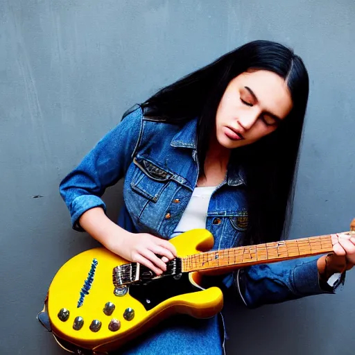 Image similar to 19-year-old girl with long shaggy black hair, wearing denim jacket and bell-bell-bottom jeans, playing electric guitar, stoner metal concert, heavy blues rock, doom metal, 30mm photography