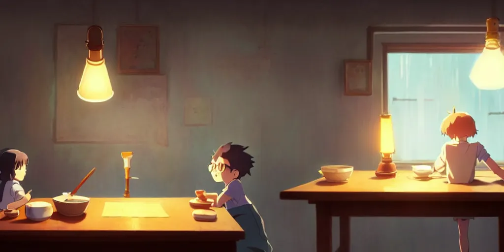 Prompt: a wholesome animation key shot of sits at the table in the evening and draws a brush, an old lamp with a lampshade on the table glows with bright light, hipster vibes by studio ghibli, animation, sharp, rendered in unreal engine 5, focused, anime key art by greg rutkowski, bloom, dramatic lighting