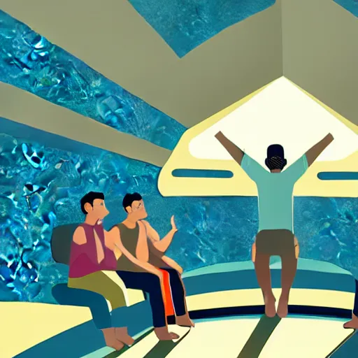 Prompt: a man is sitting in an airplane, watching his friends enjoy bouldering in a gym. award - winning digital artwork