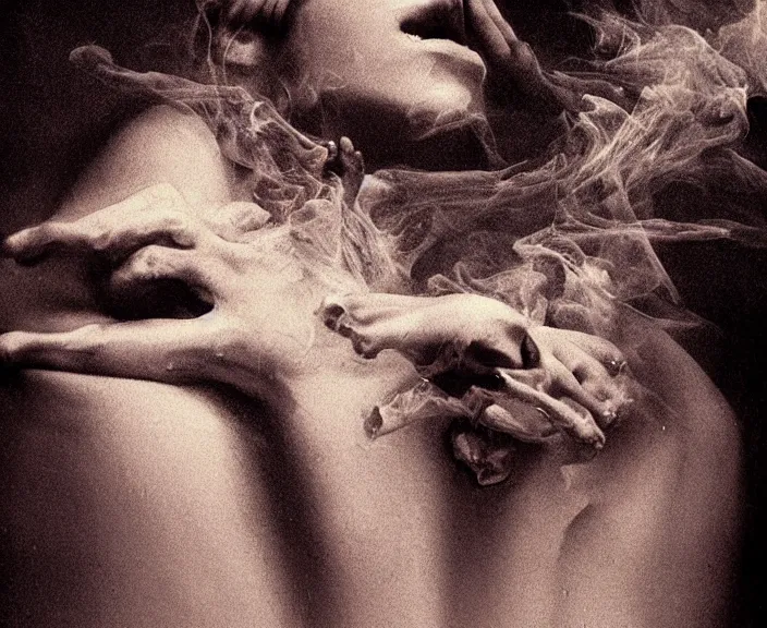 Prompt: mysterious scene of human transformation. expressionistic 35mm double-exposure photo, slightly erotic, german expressionism, deep shadows, slightly colorful, photorealistic, detailed smoke, natural bones and skin, natural textures, sensual, depth of field, ambient occlusion, motion blur, HD, masterpiece, volumetric, chromatic aberration by Richard Avedon, style of Ade Santora, perfect composition, masterpiece, intricate detailed